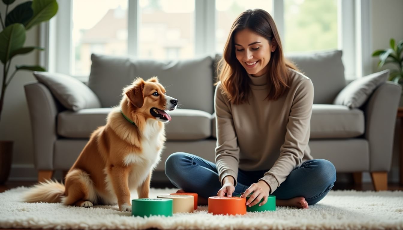 A woman prepares puzzle toys for her eager dog in a cozy living room.