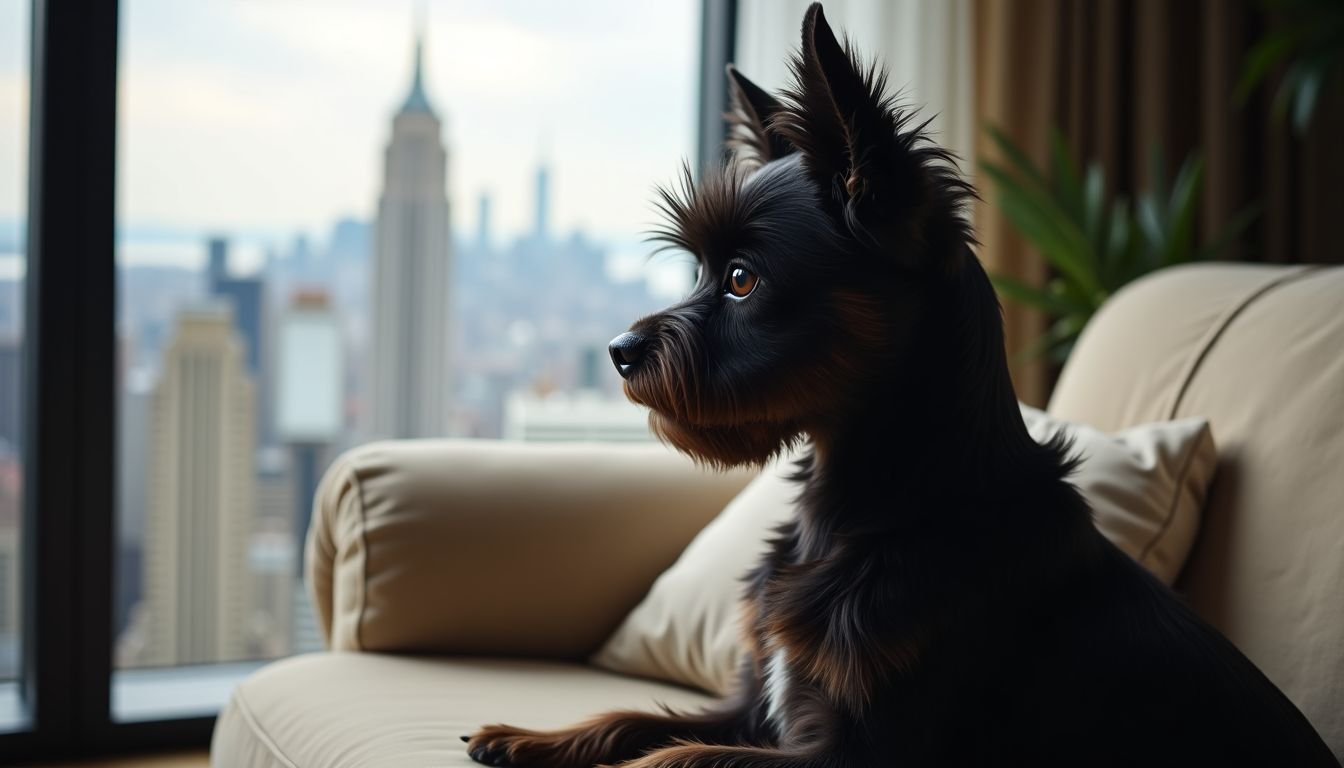 An Affenpinscher sits on a cozy apartment couch, looking out the window.