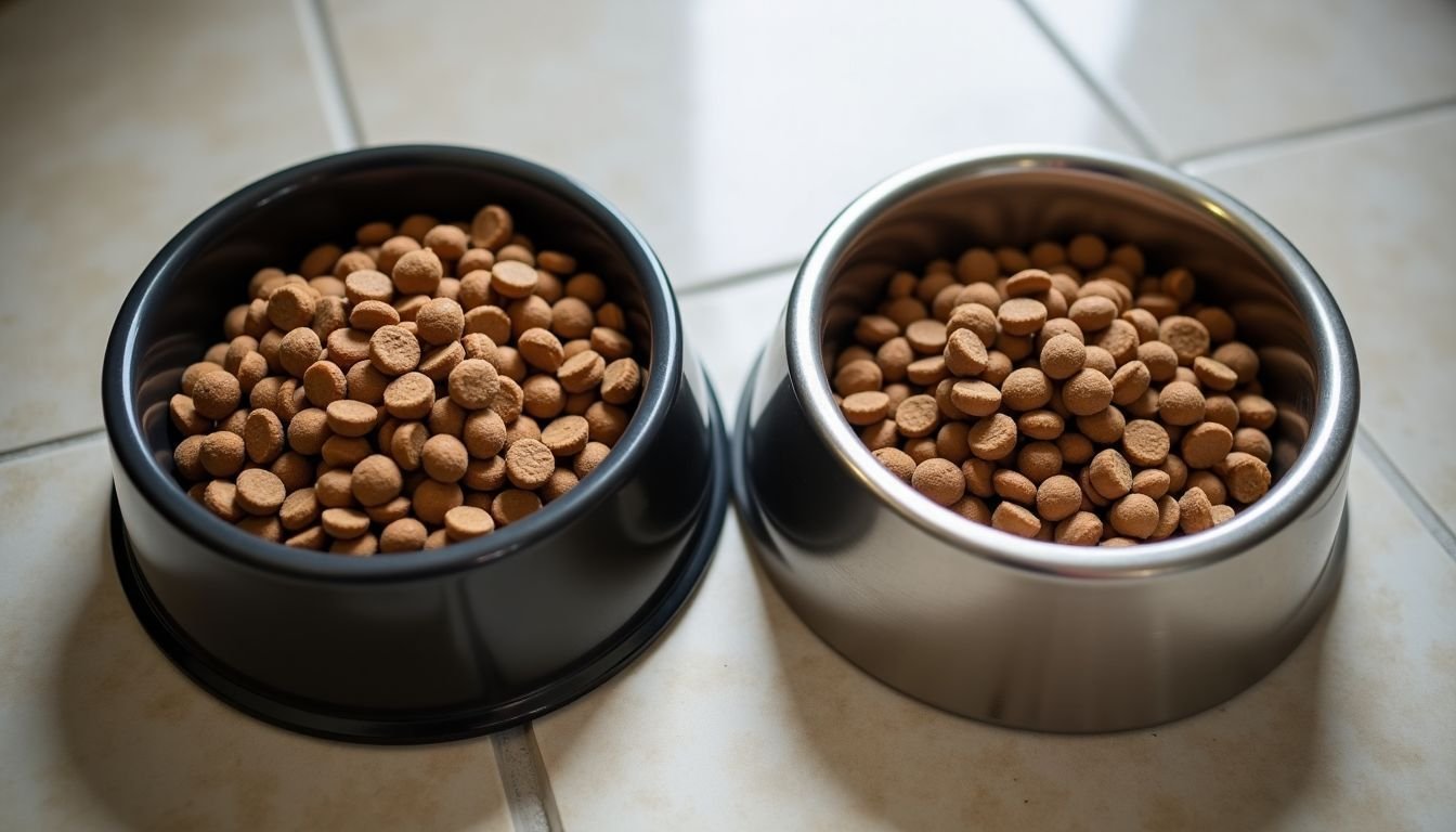 Two bowls of dog food, one affordable and one premium brand.