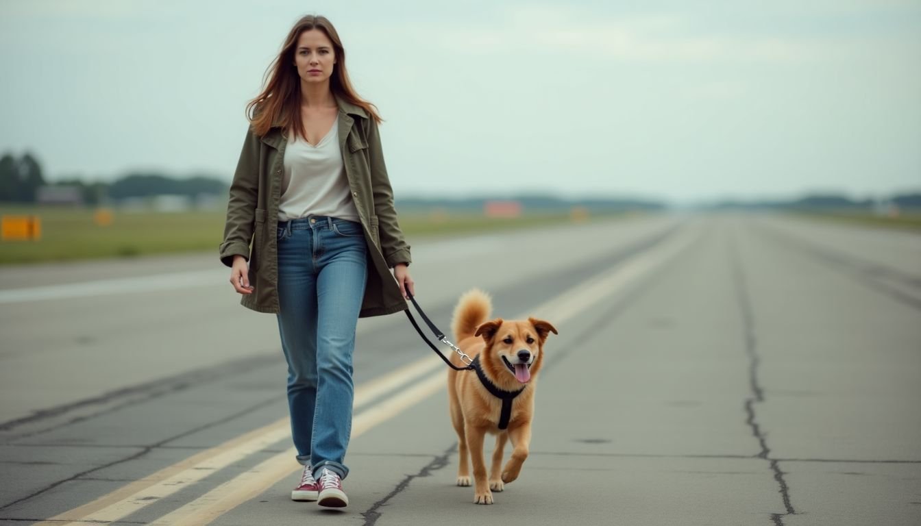 A tired woman walks her excited dog on an airport landing strip.