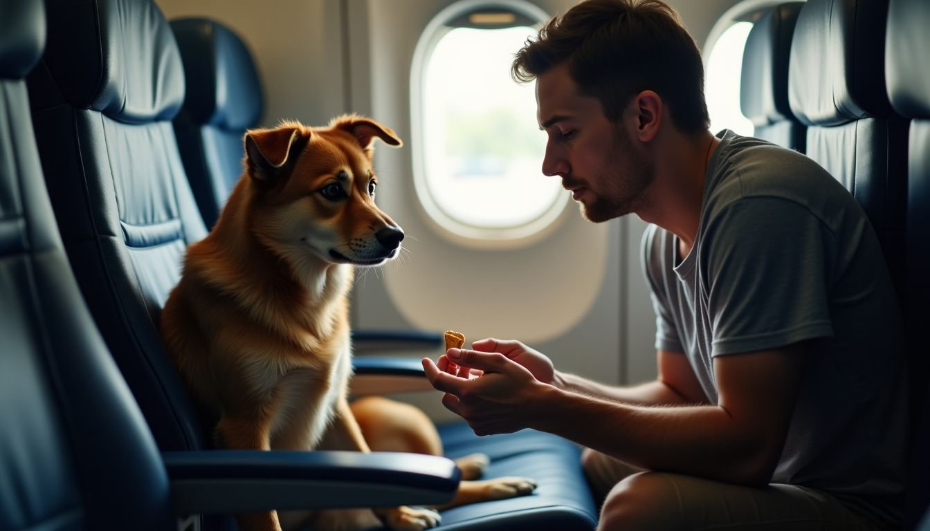 An anxious dog gets comfort from its owner on a plane.