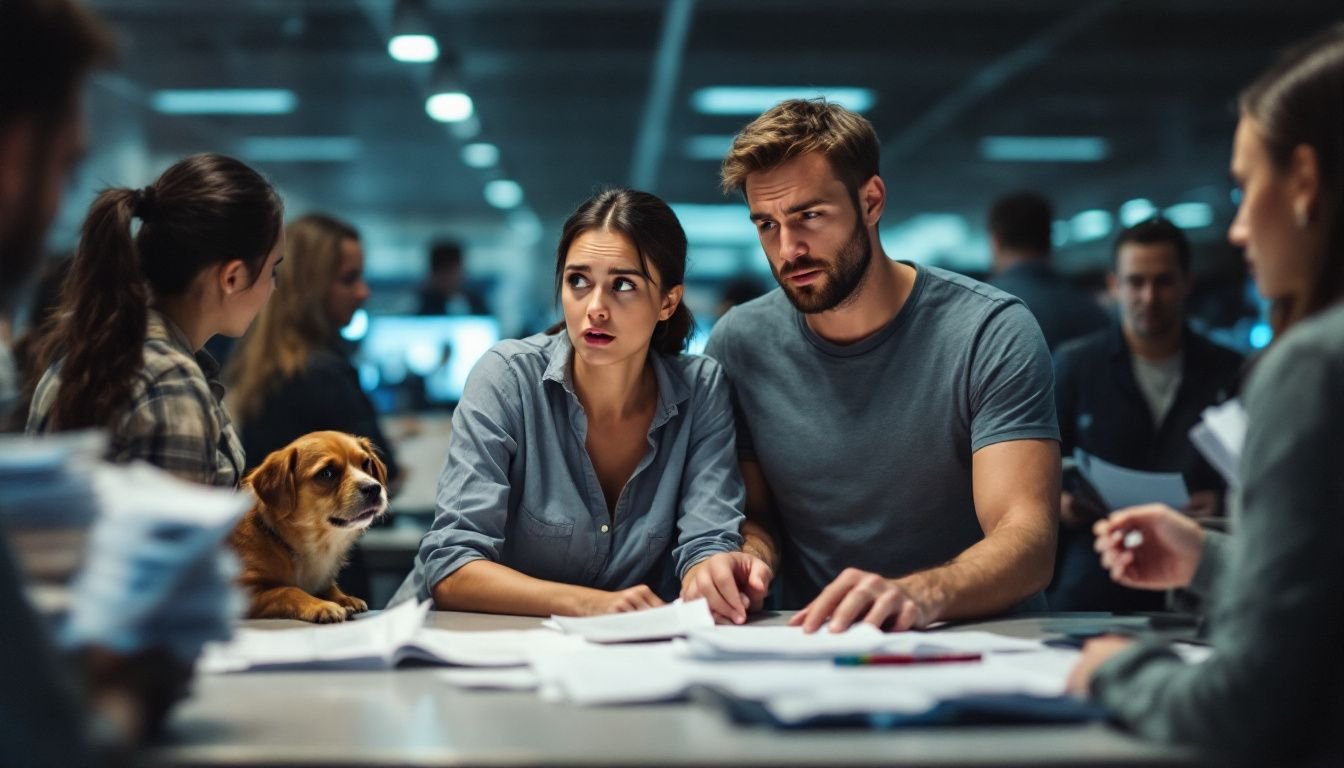 A frustrated couple at an airport check-in counter dealing with pet travel complications.