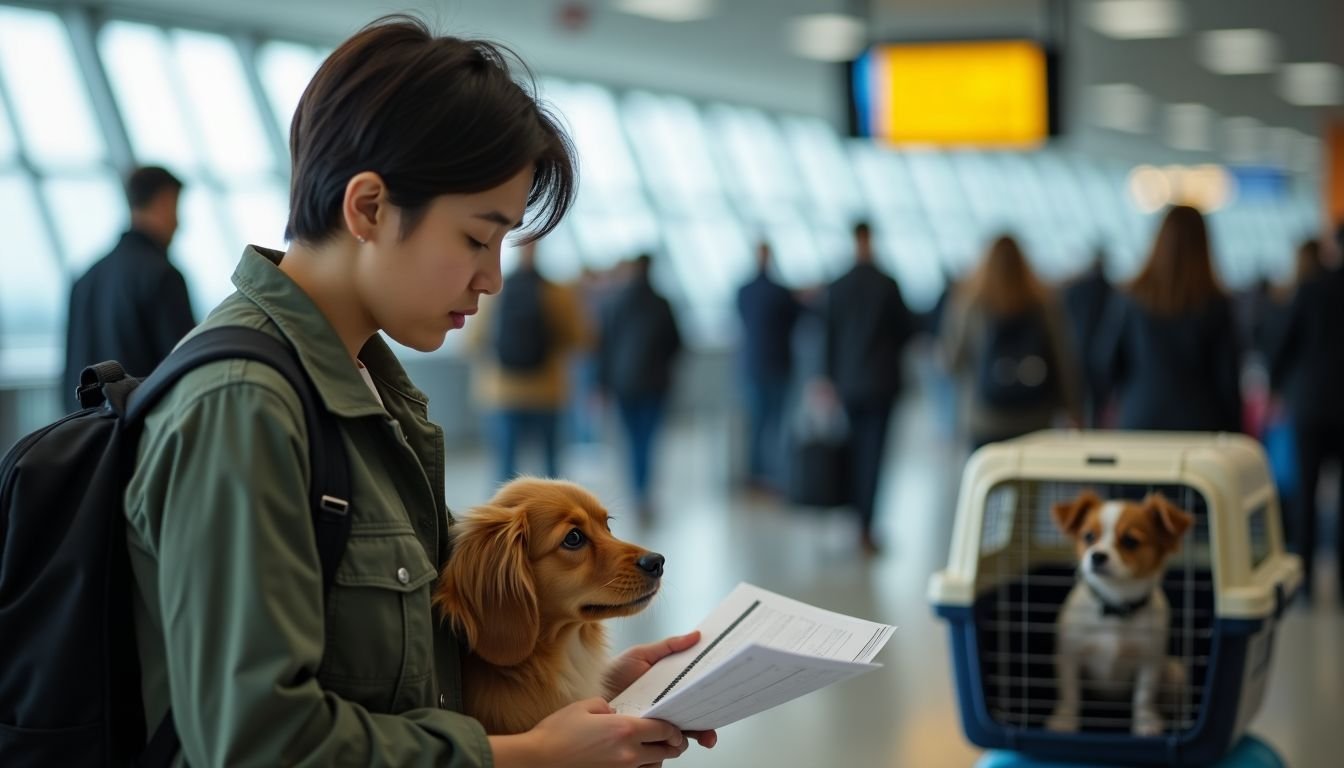 A worried traveler checks their pet's paperwork at the airport.
