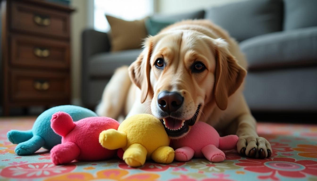 A Labrador Retriever happily plays with BarkBox plush dog toys.