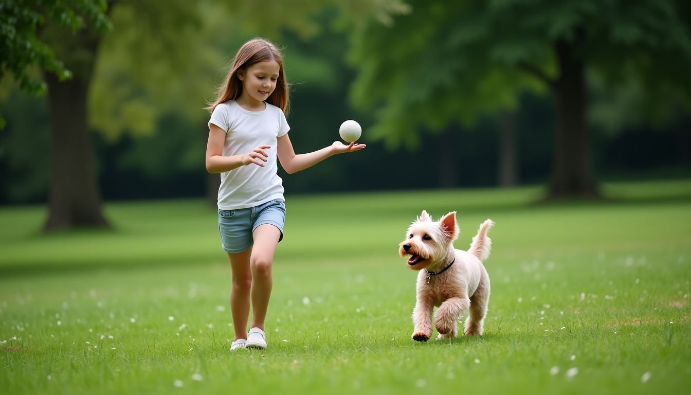 A young girl playing fetch with her Bedlington Terrier in a park.