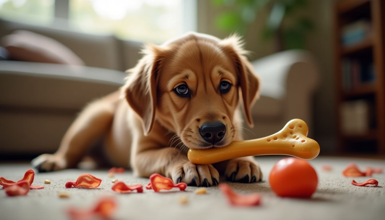 A dog happily chews on a well-used Benebone in a living room.