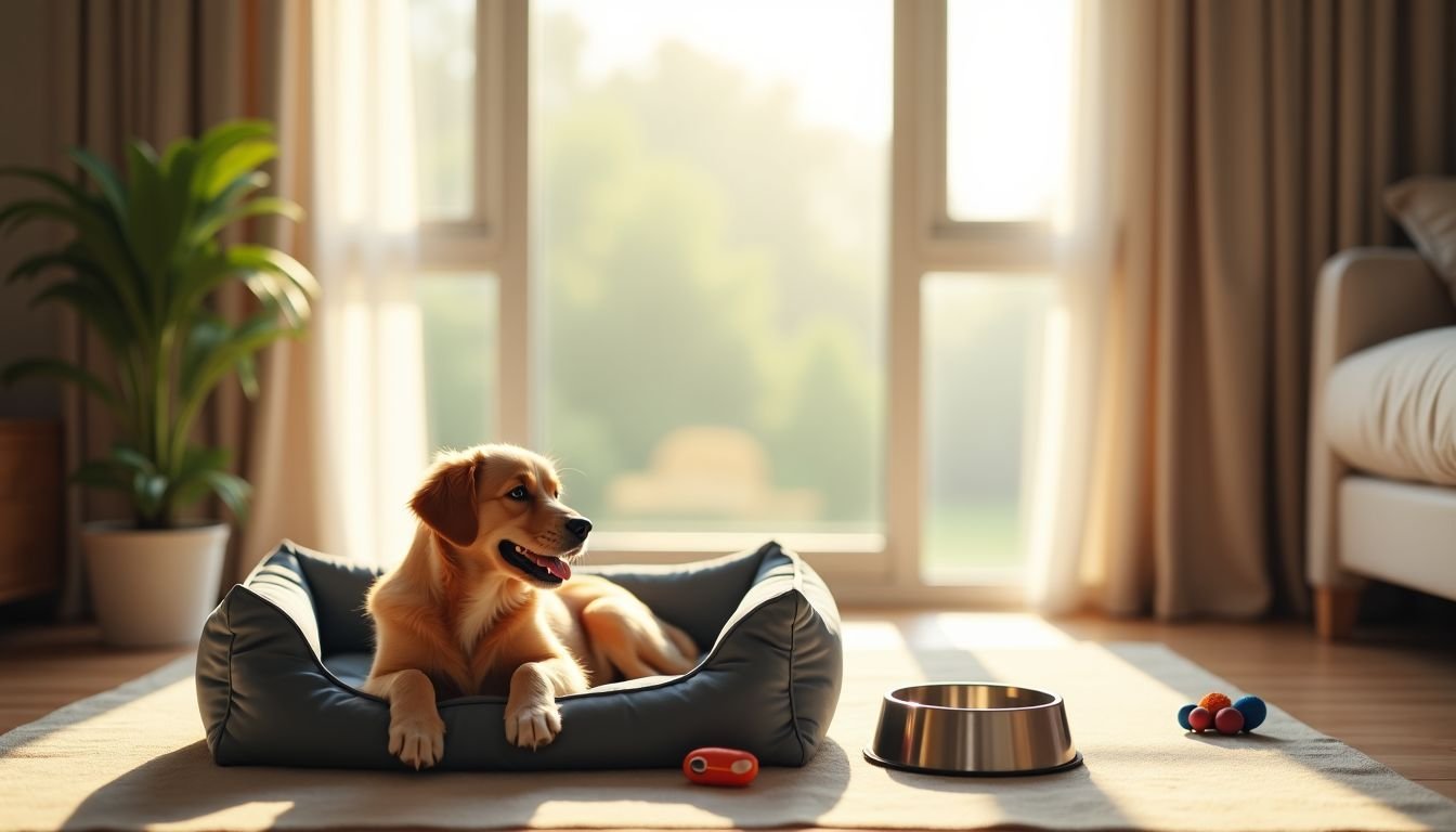 A dog-friendly hotel room with a cozy bed, water bowl, and toys.