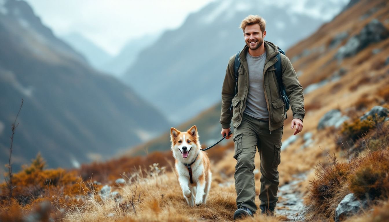 A couple hiking in the mountains with their dog.