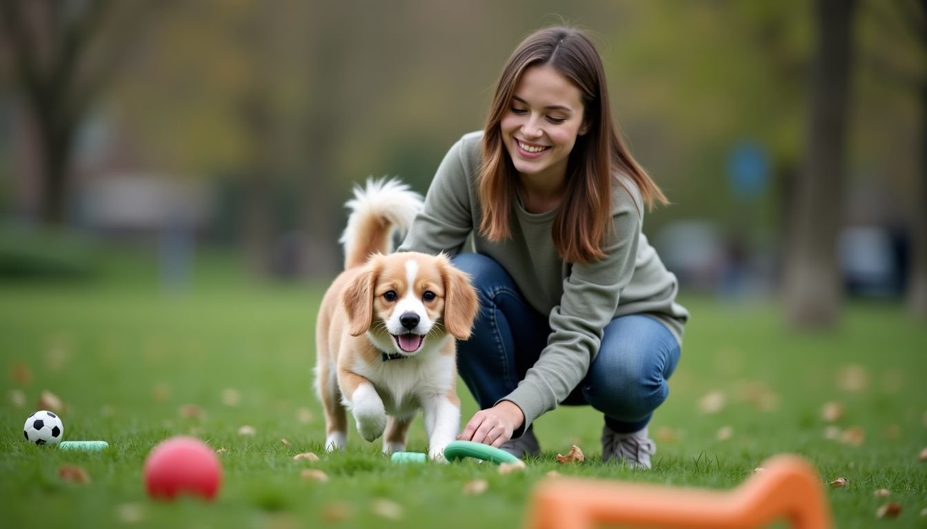 A young woman playing with her happy dog in a park filled with eco-friendly toys.