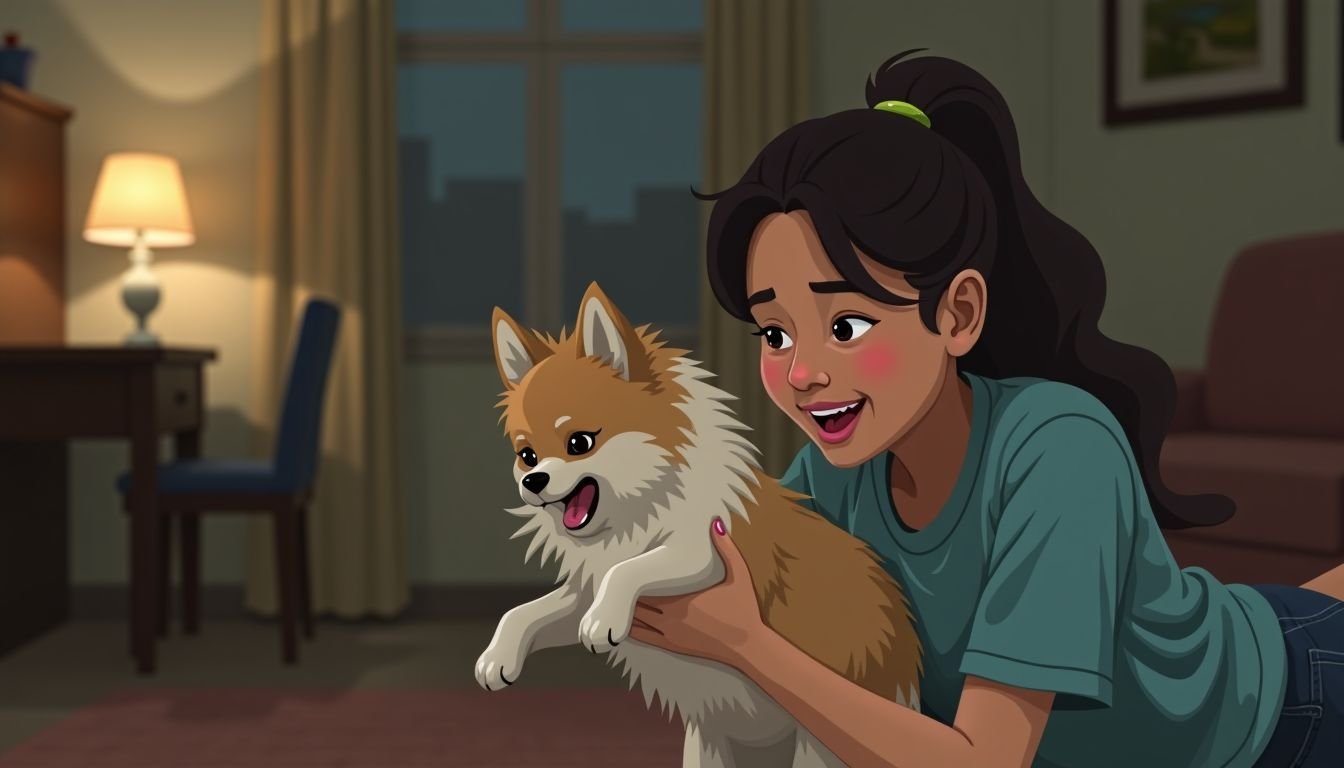 A young adult playing with their lively Pomeranian in a cozy apartment.