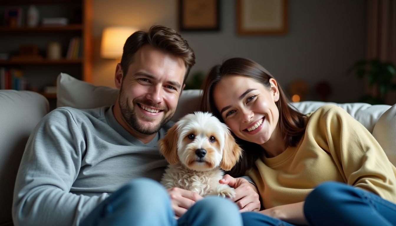 A smiling family cuddles their small dog in a cozy living room.