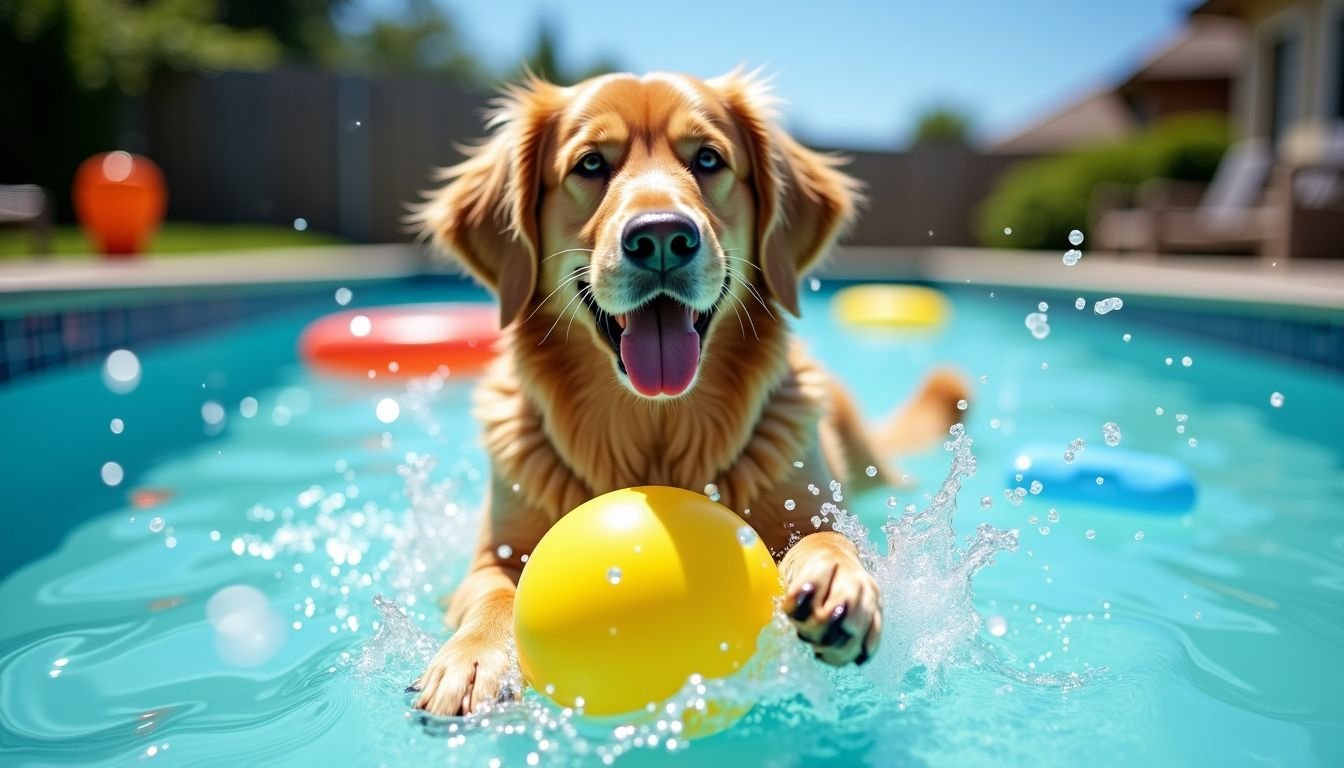 A golden retriever playing with water toy in backyard pool.