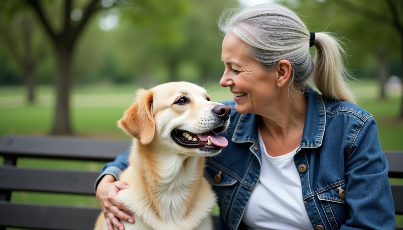 Elderly woman sitting with her affectionate senior dog in park.