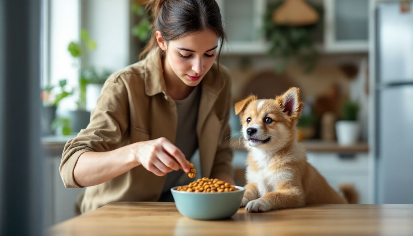 A person pours dry dog food for an eager puppy in a cozy kitchen.