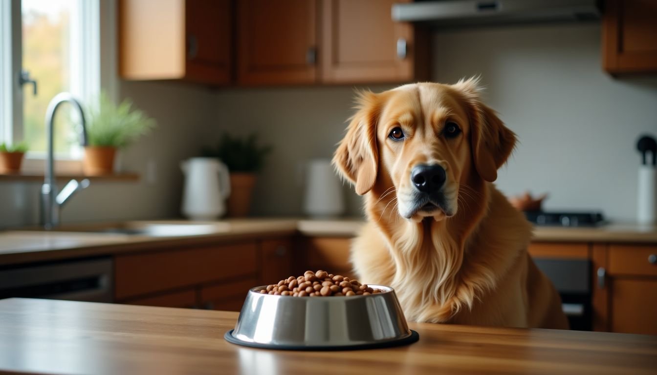An elderly golden retriever enjoys a bowl of senior dog food in a cozy kitchen.