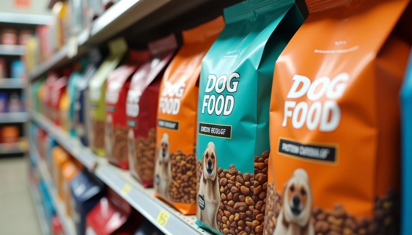A variety of high-quality dry dog food brands displayed in a pet store.