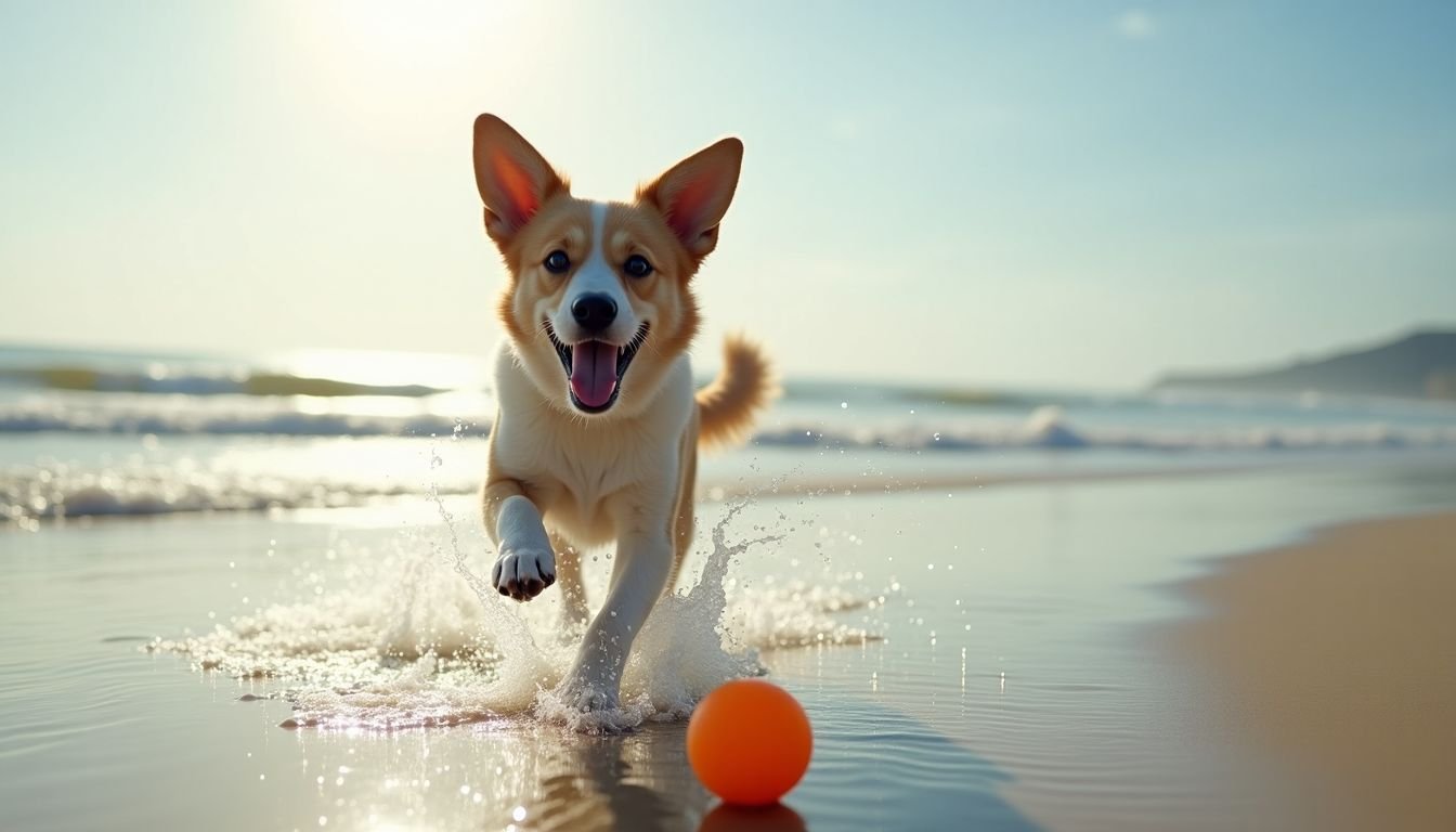 A happy dog plays fetch on a sunny beach.