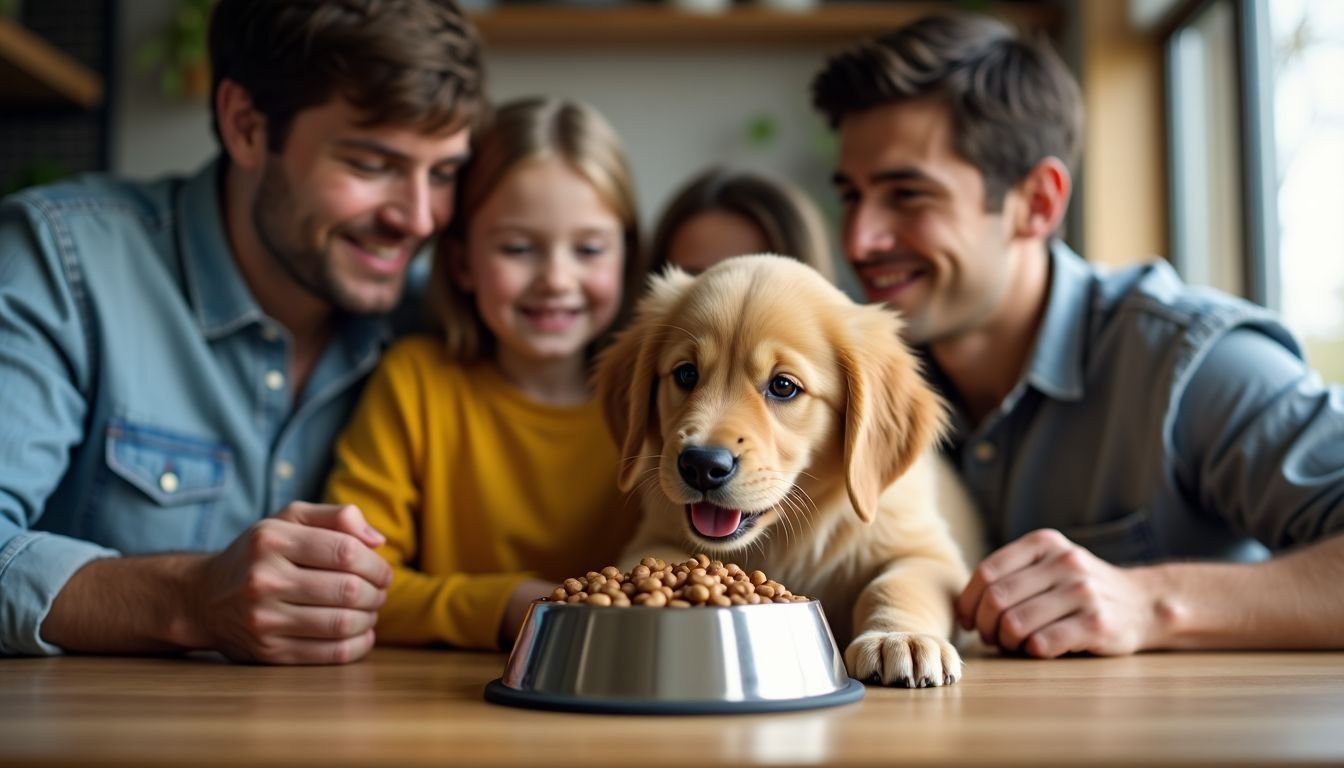 A family of four gathers around a kitchen table with a playful golden retriever puppy.