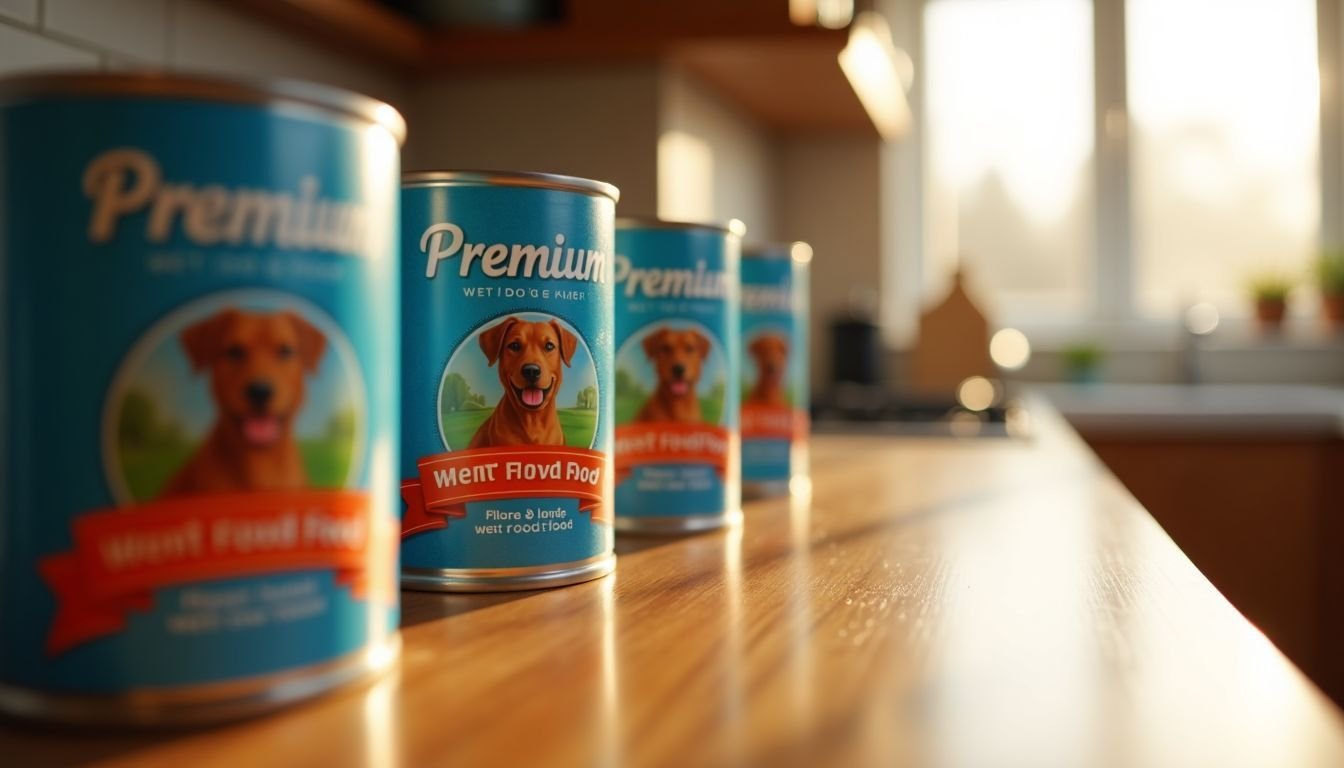 A close-up photo of neatly lined up premium wet dog food cans on a wooden counter.