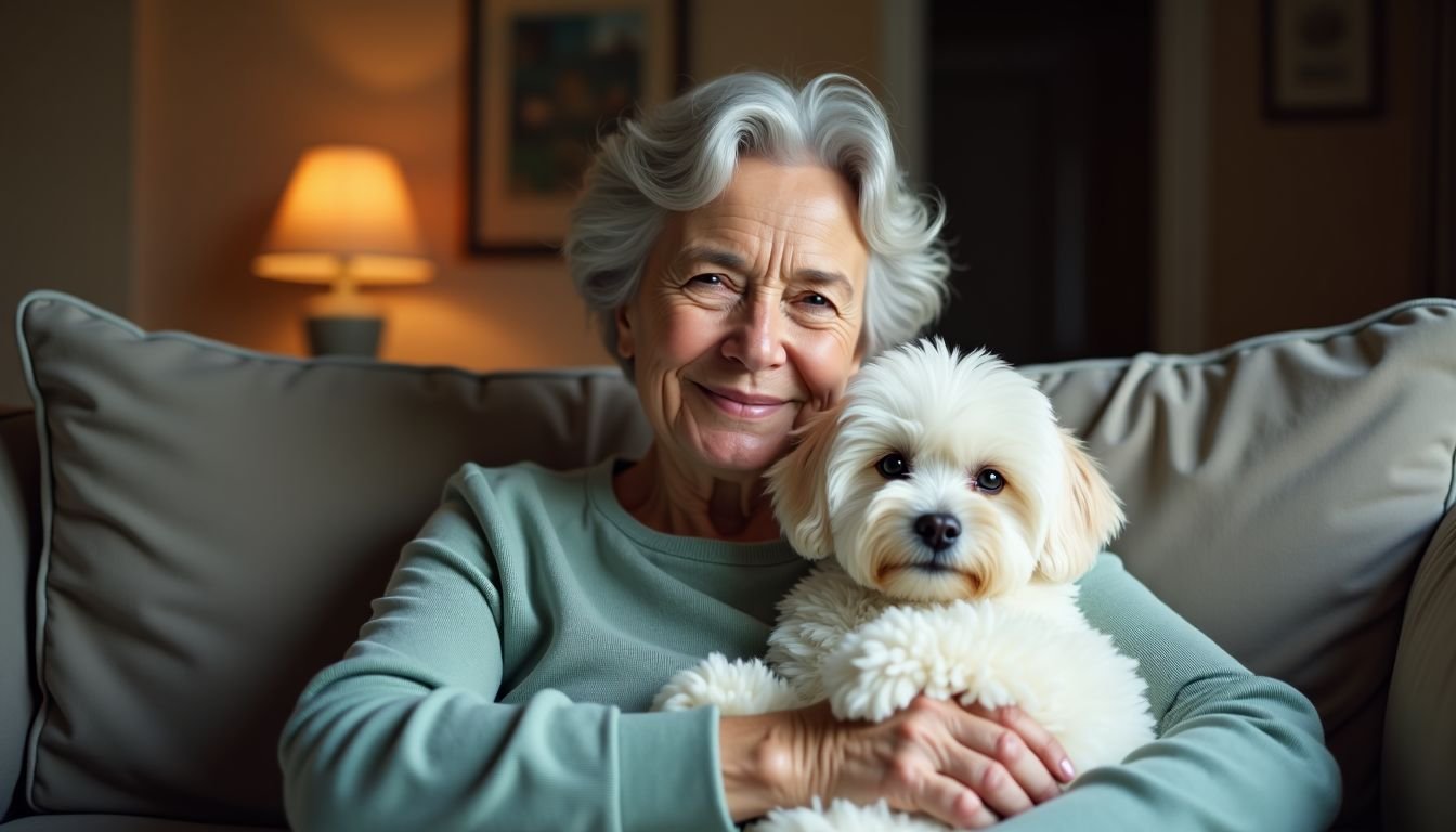An elderly woman sits with her Bichon Frise in a cozy apartment.