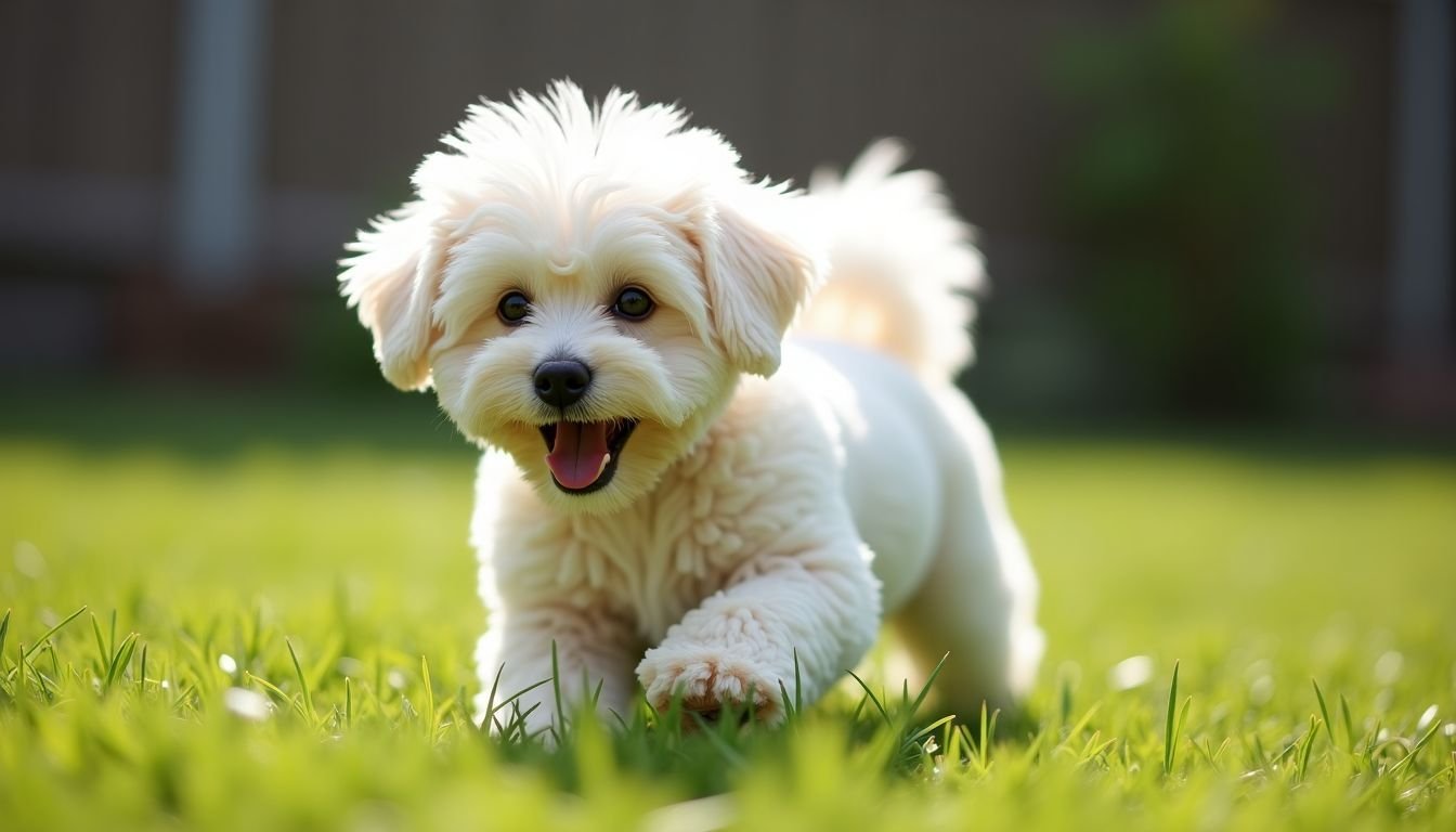 A cheerful Bichon Frise plays in a sunny backyard.