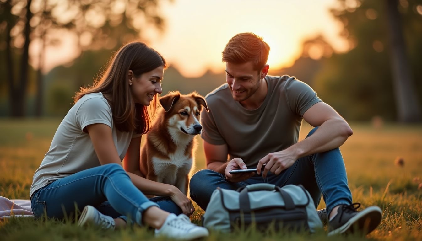 A couple and their dog preparing for camping on the grass.