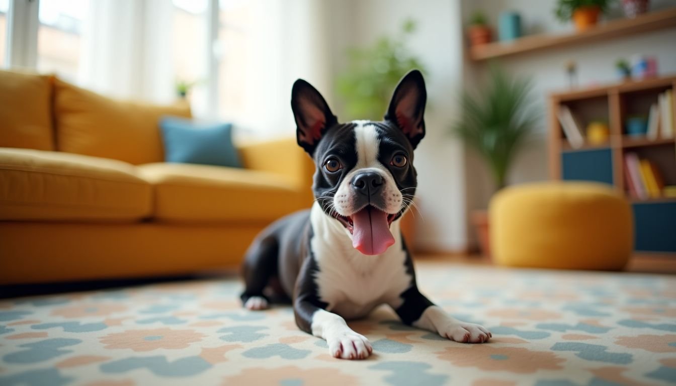 A Boston Terrier playing in a cozy urban apartment with colorful decor.