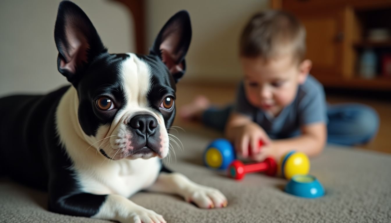 A Boston Terrier sitting on a sofa watches a child playing.