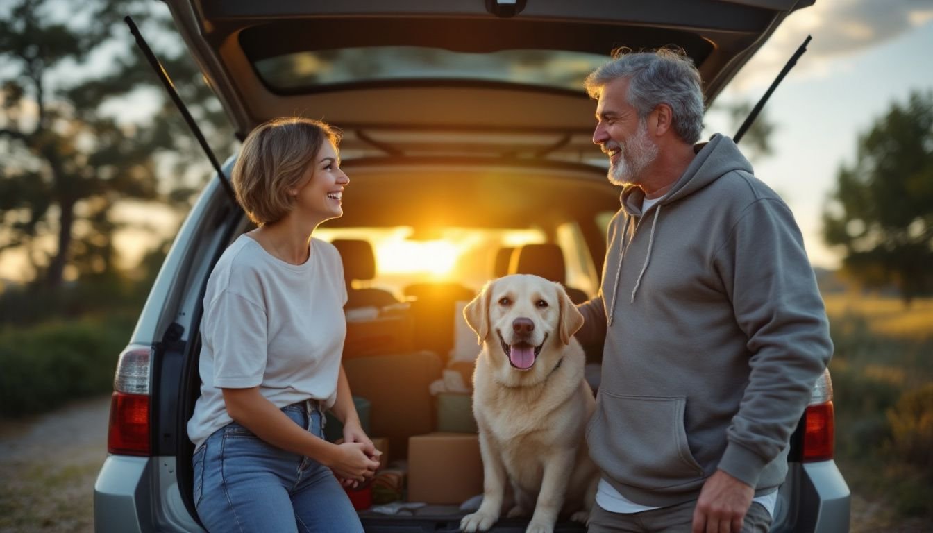A middle-aged couple and their Labrador retriever load supplies for a road trip at sunset.
