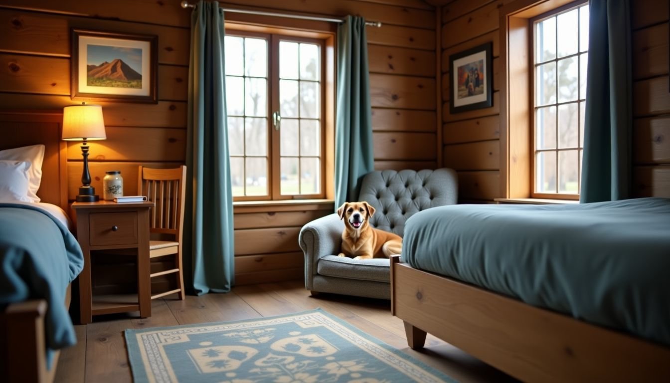A pet-friendly rustic hotel room with budget-friendly amenities and cozy dog bed.