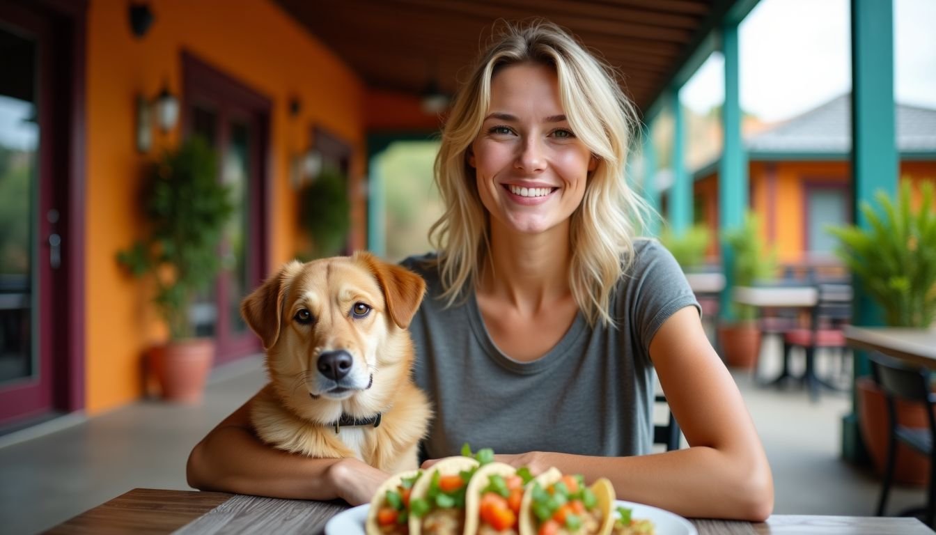 A woman enjoying fish tacos with her dog at a Mexican-themed patio.
