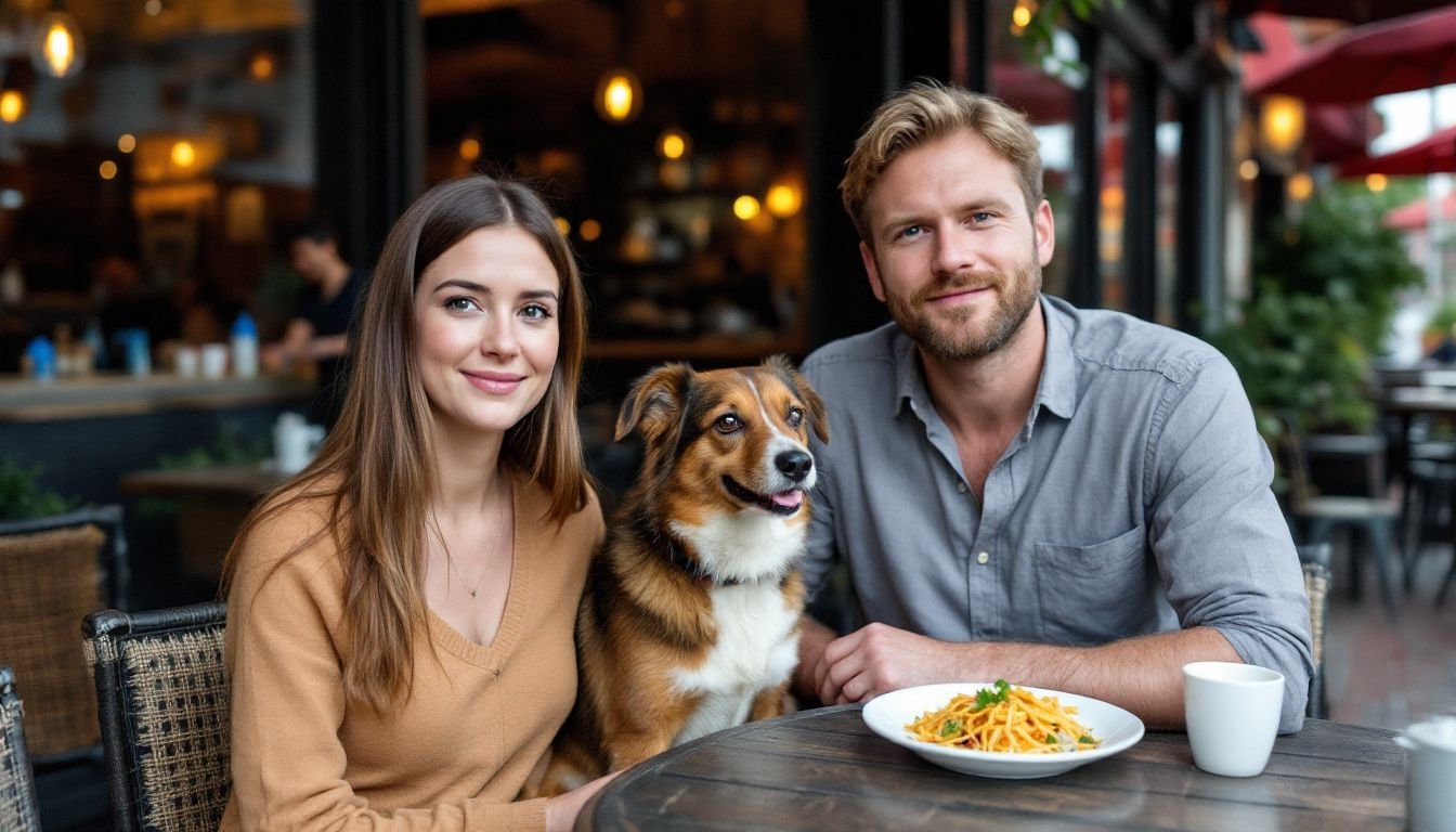 A couple and their dog enjoy tacos at an outdoor restaurant.