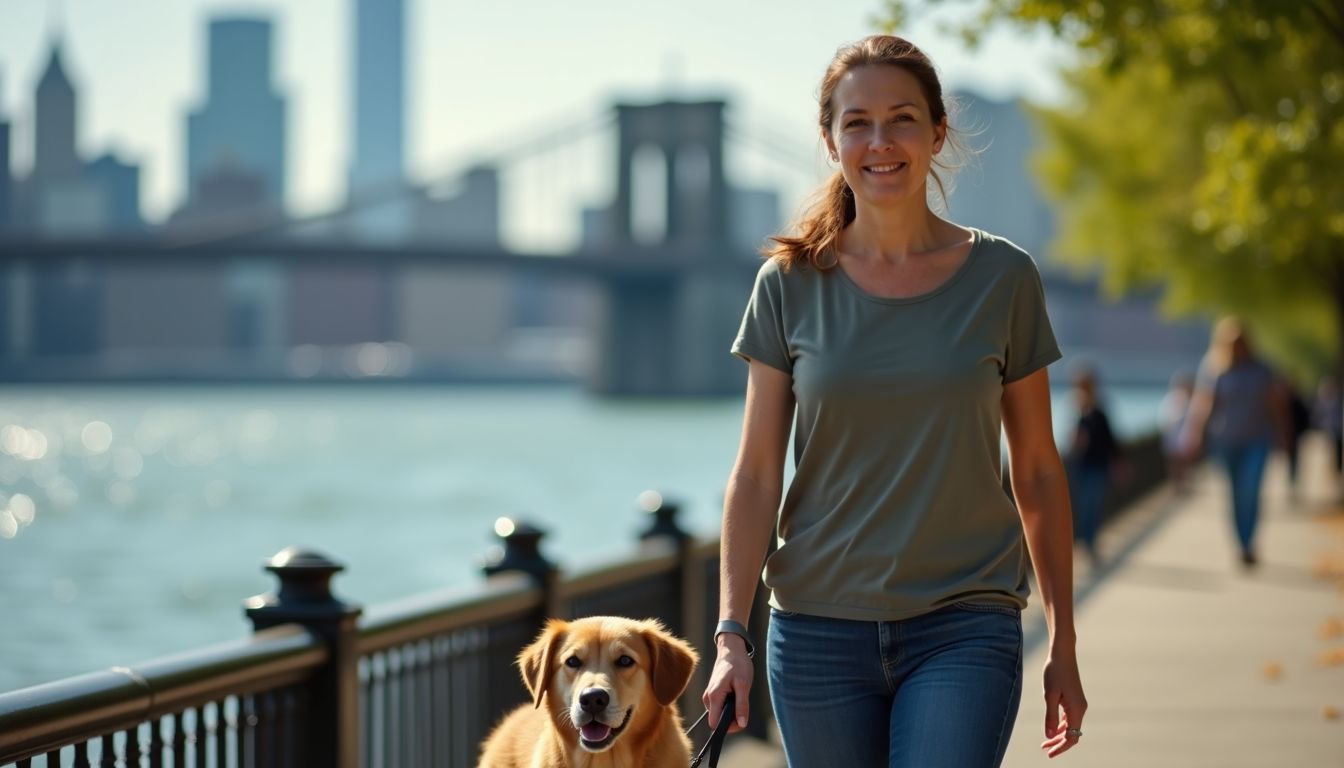 A woman walks her dog at Carl Schurz Park in NYC.