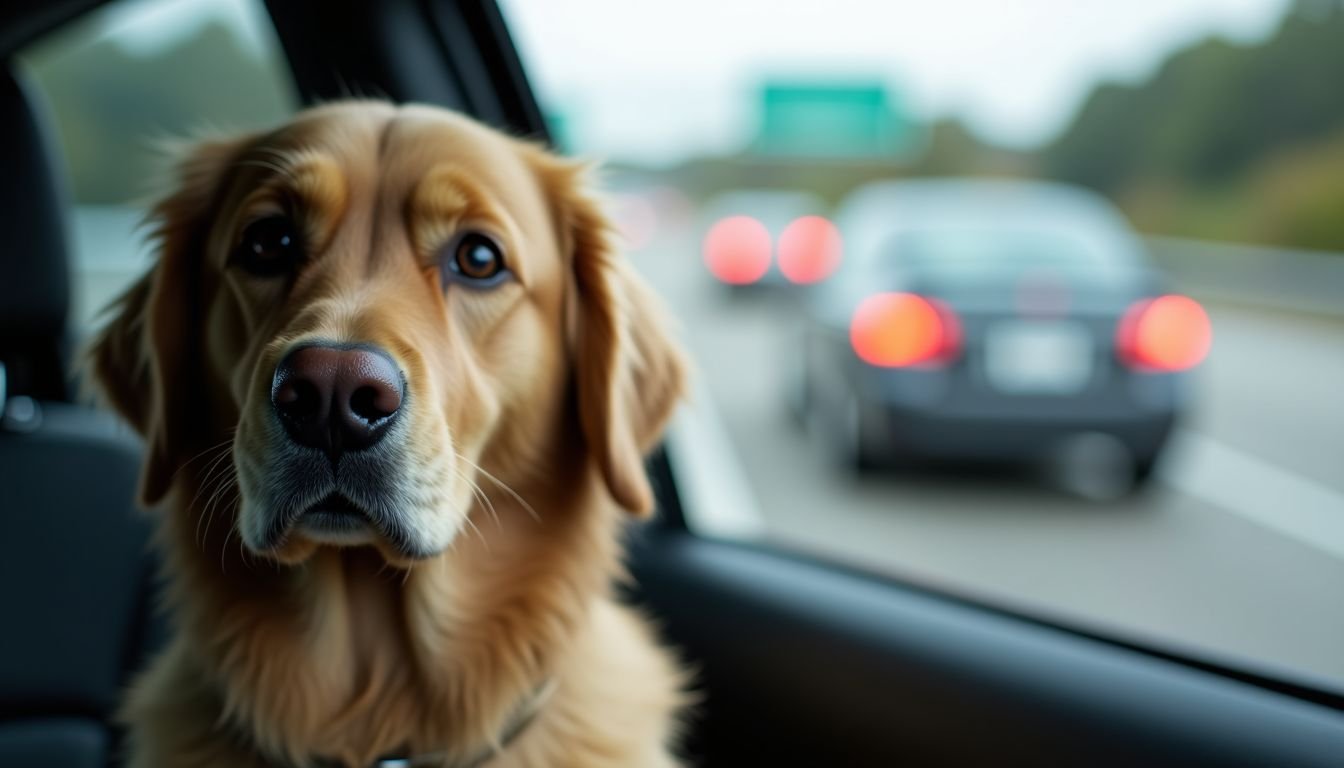 A nervous golden retriever looks out car window on busy highway.