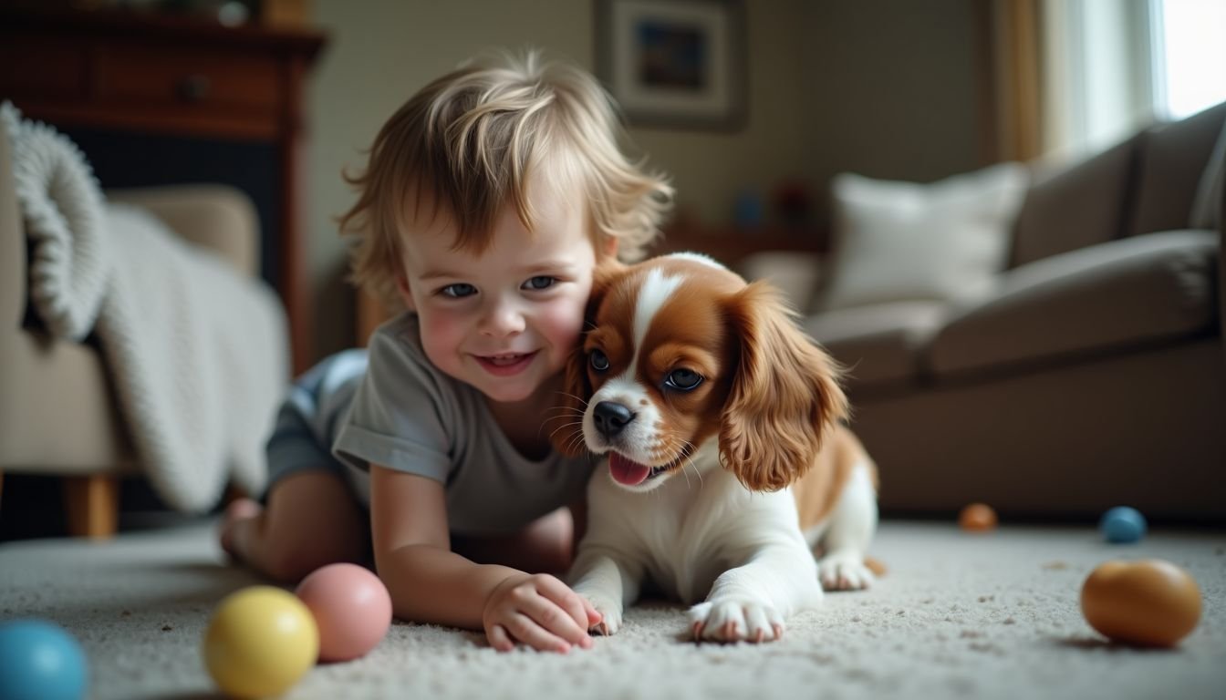 A child playing with a Cavalier King Charles Spaniel in living room.