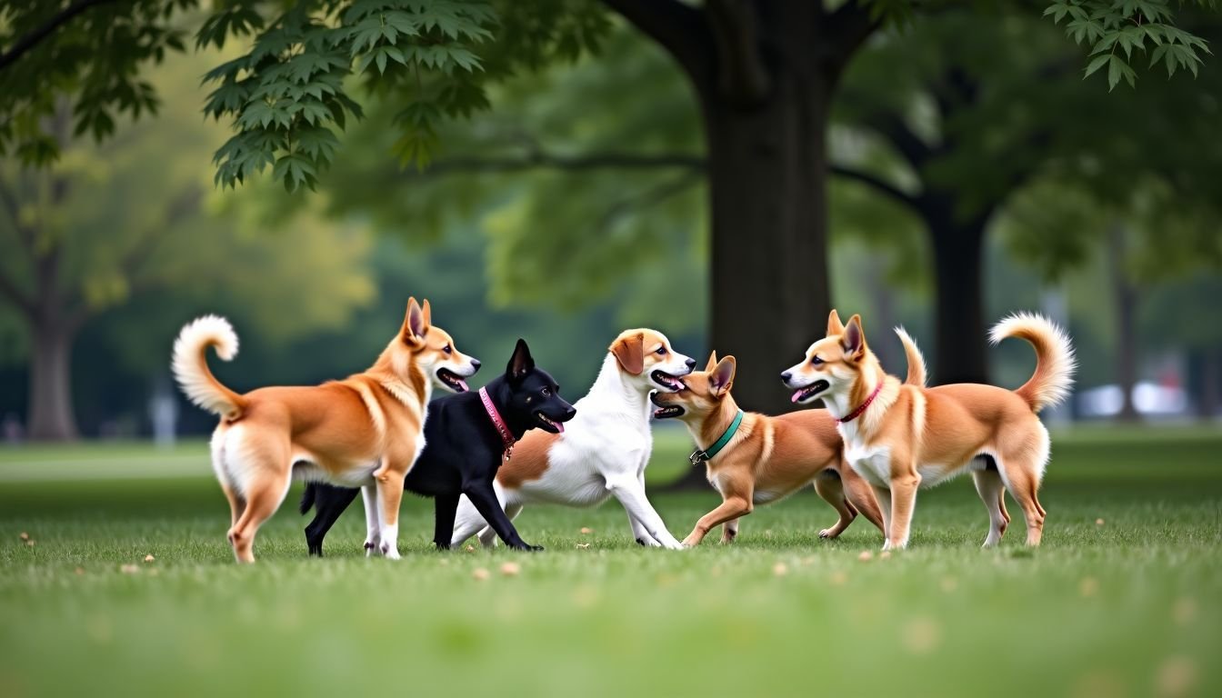 Diverse group of dogs playing joyfully in a large park.