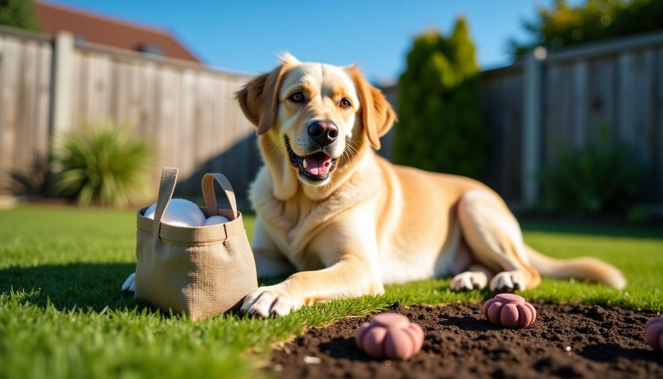 The image shows eco-friendly pet toys in a grassy backyard.