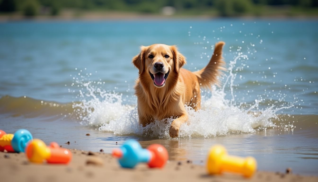 A Golden Retriever plays in the water at Cherry Creek State Park.