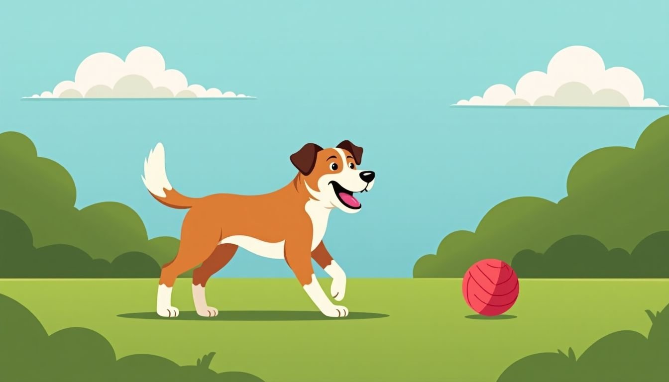 A happy dog playing fetch in the park on a sunny day.