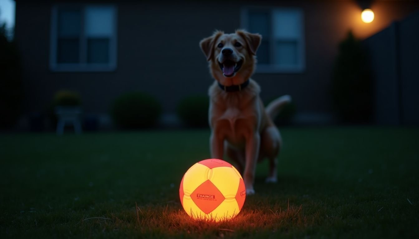 A brightly lit Chew King Fetch Ball being thrown in a backyard.