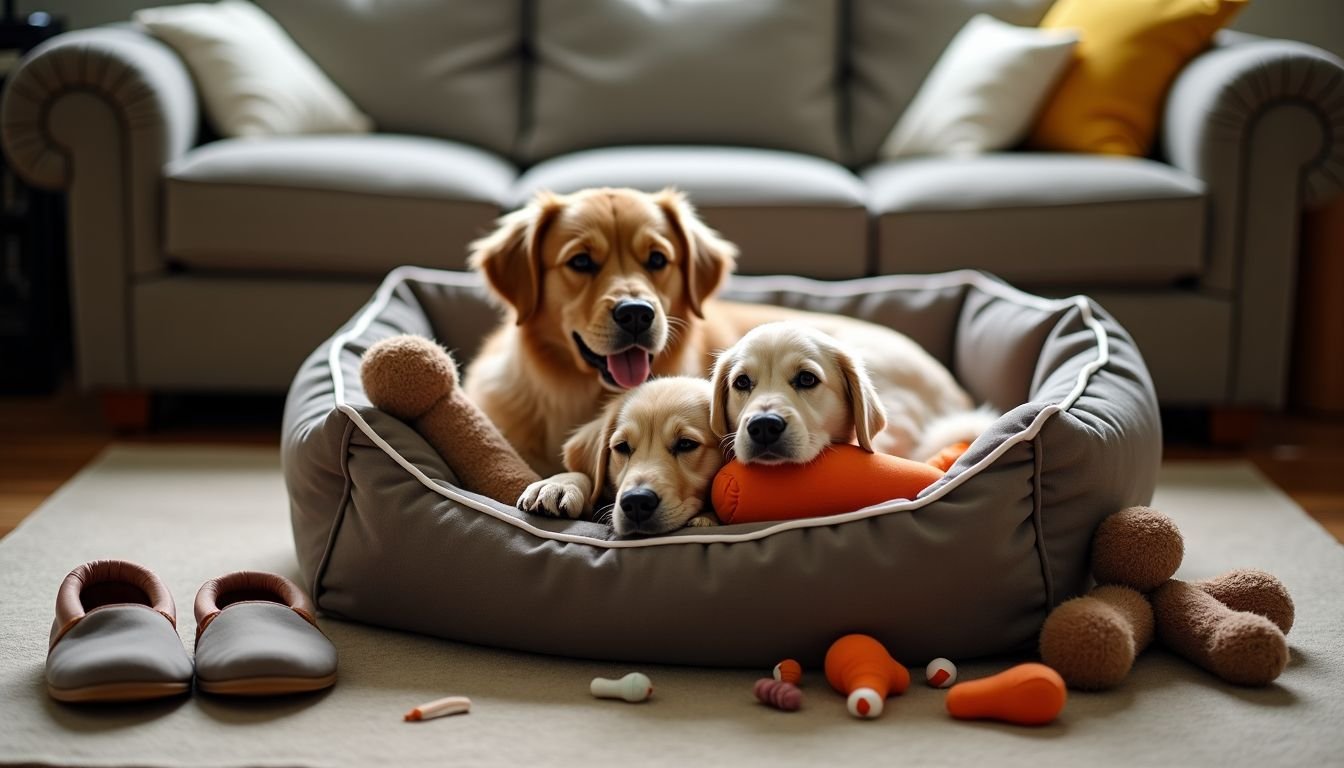 A well-loved dog bed surrounded by chew toys and worn-out slippers. A well-loved dog bed surrounded by chew toys and worn-out slippers.