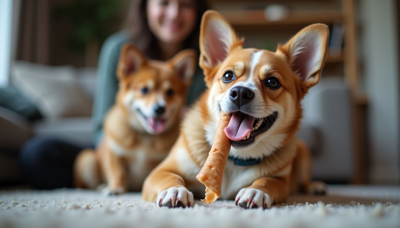 A small dog happily chews on a durable toy in a cozy living room.