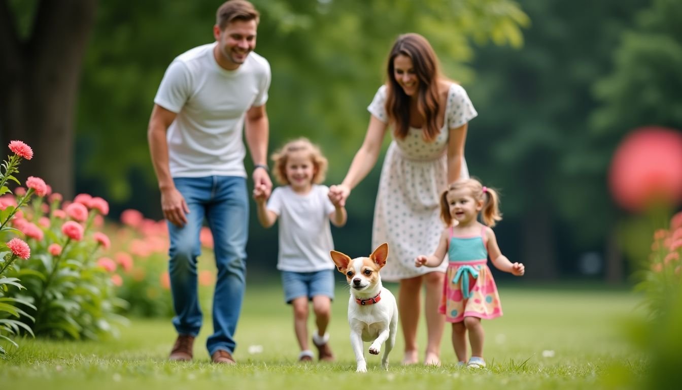 A family of four playing fetch with a Chihuahua in a park.