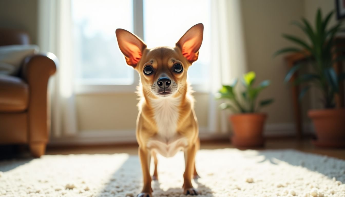 A confident Chihuahua proudly standing in a sunlit living room.