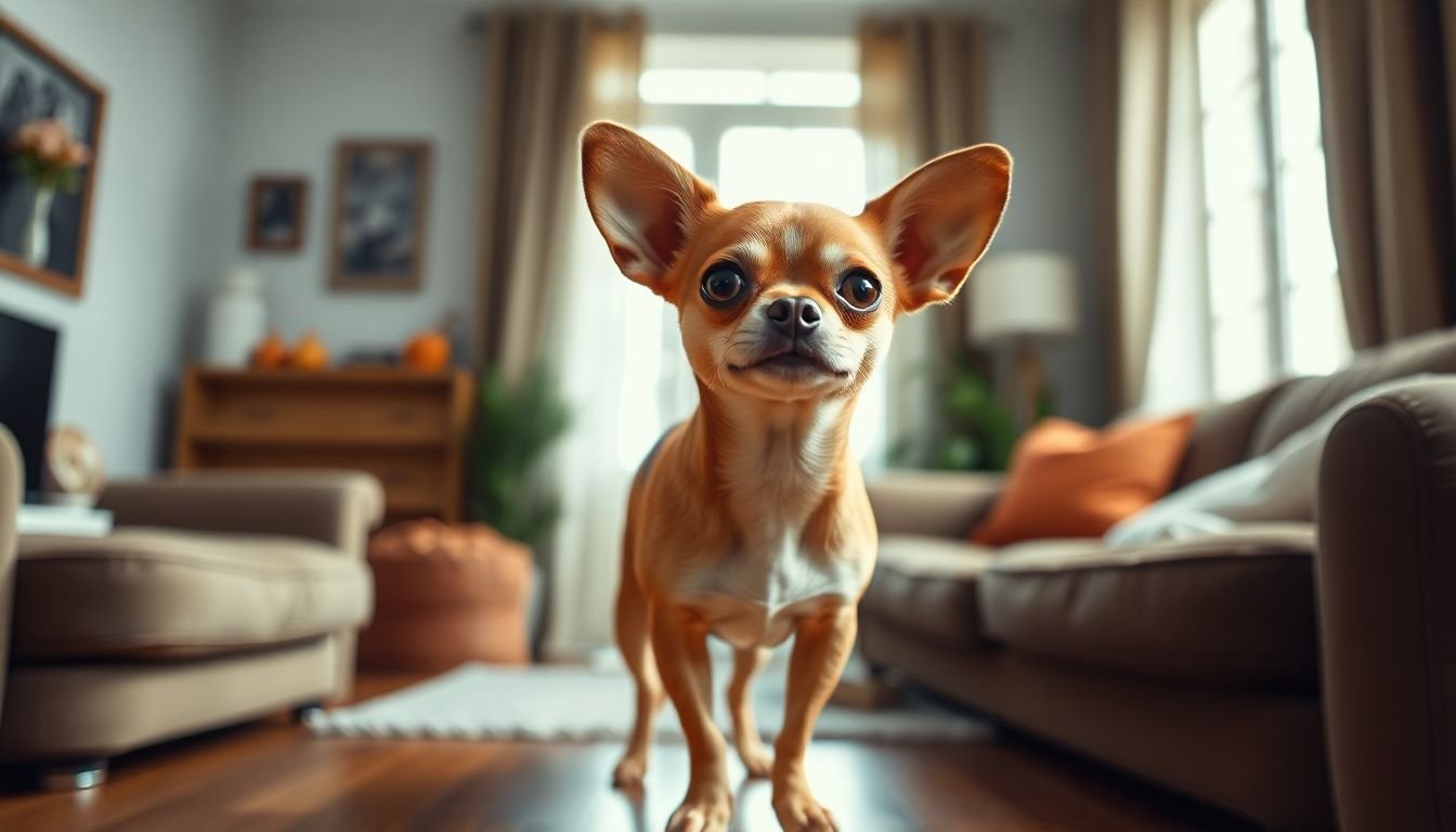 A sassy Chihuahua exudes charm and alertness in a cozy living room.