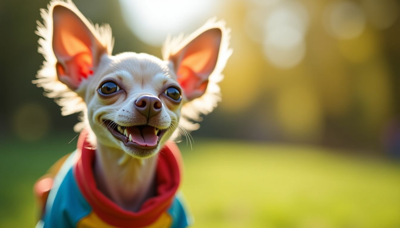 A hairless Chinese Crested dog enjoys a sunny day at the park.