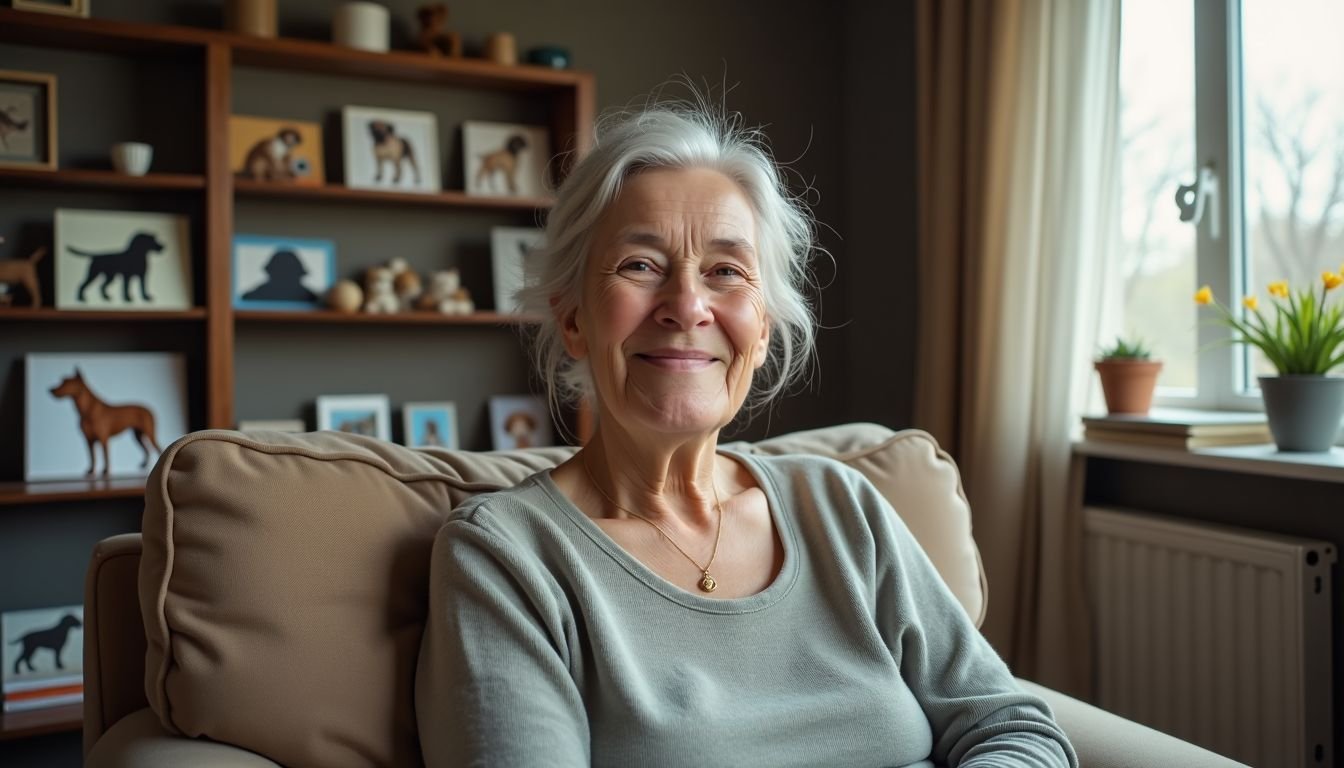 An elderly woman surrounded by dog photos and books in cozy living room.