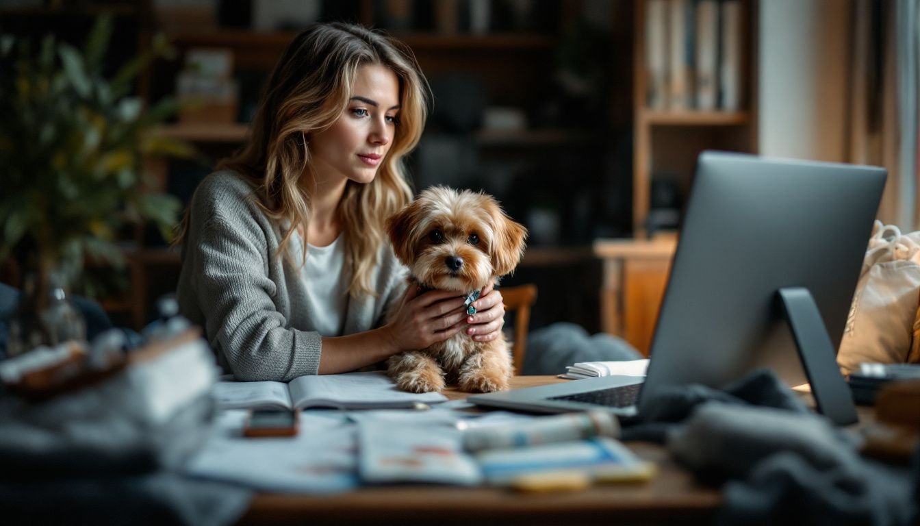 A woman is researching non-stop flights and travel times with her dog.