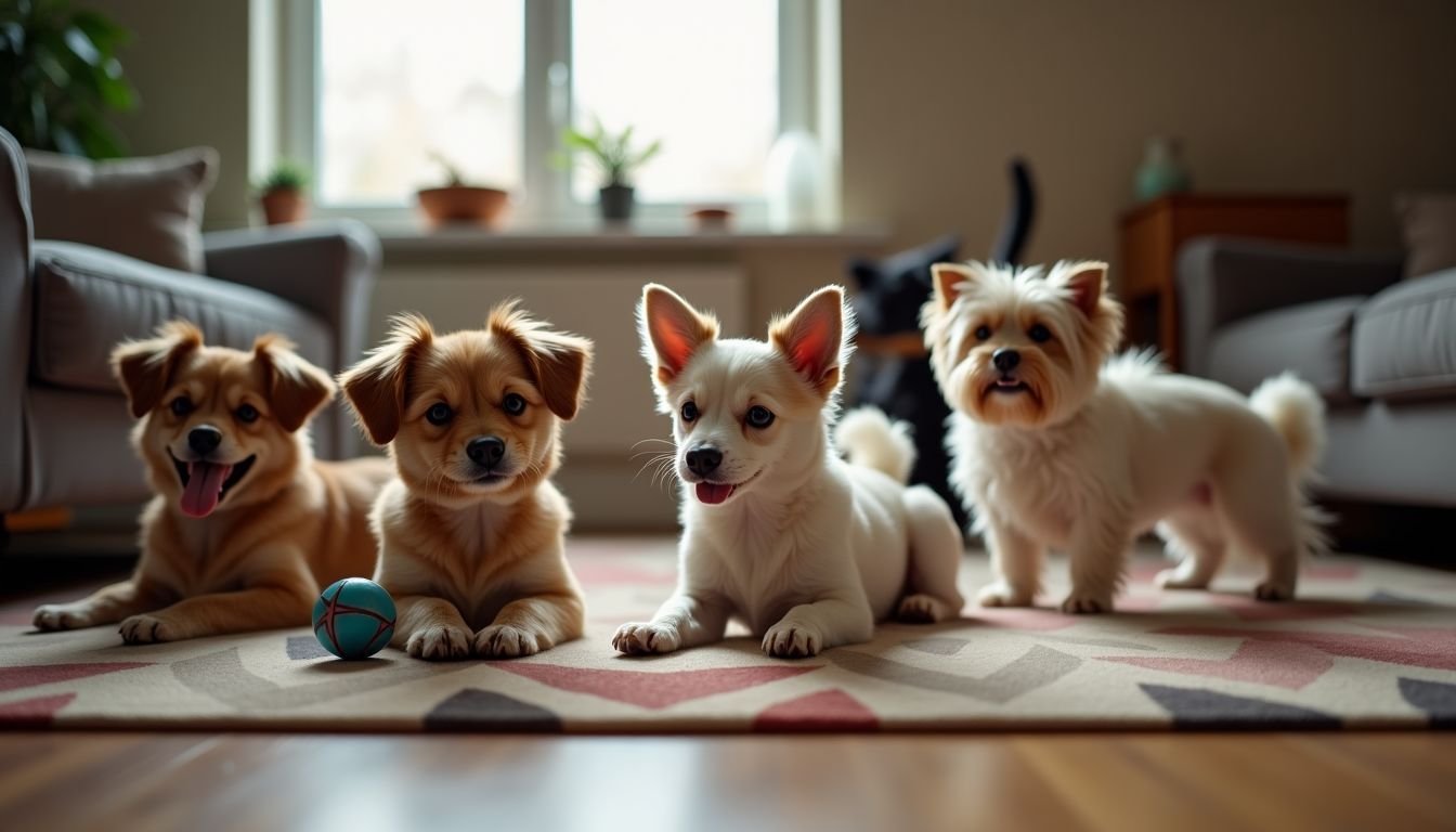 A cozy living room with various small dog breeds in different activities.