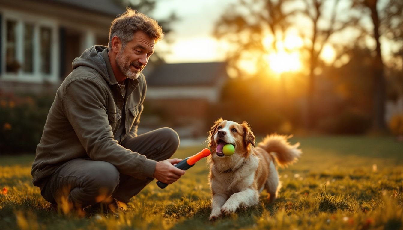 A man playing fetch with his dog in a backyard at sunset.
